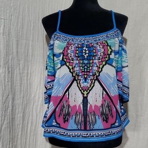 Flying Tomato Blue Multi-Color Printed Cold-Shoulder Blouse
